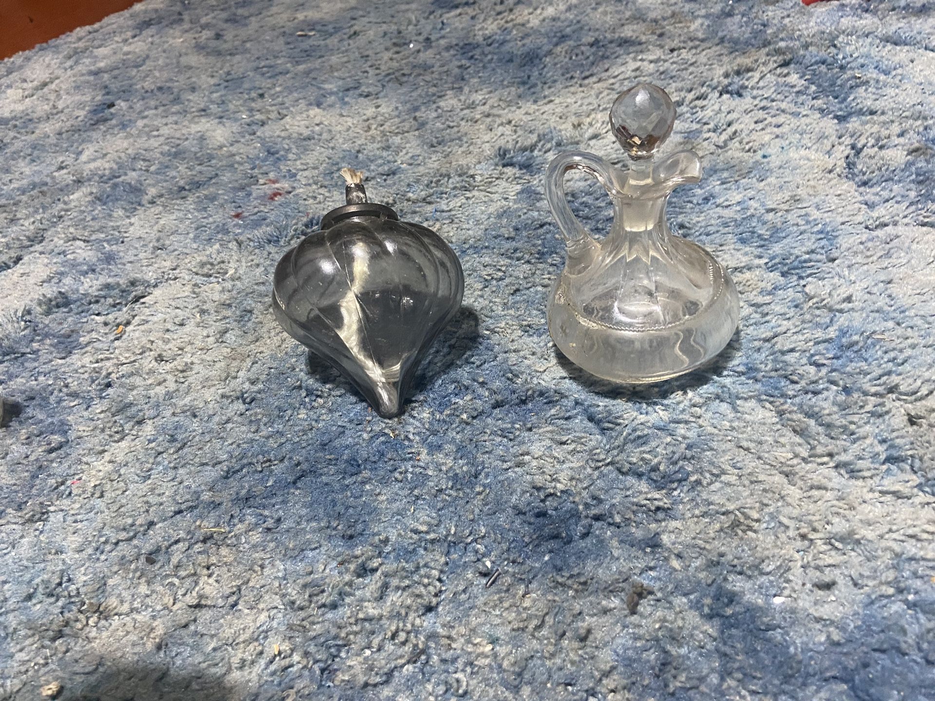 Vintage Oil Burning Odd Shaped Glass Also Vintage Pouring Glass Container With Intact Lid Both In Amazing Shape