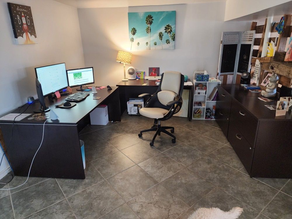Complete Office. Computer With Monitors With Desks And Chair