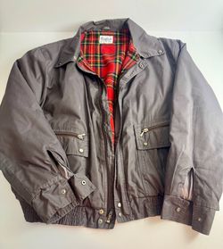 Vintage Gray Work Jacket with Red Plaid Liner Full Zip Utility Bomber