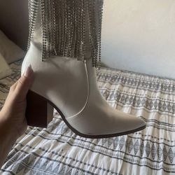 White Bedazzled Fringe Boots 