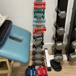 Dumbbells And Rack.  34 Dumbbells 1-5 Pounds Different Styles