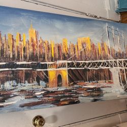 Large Cityscape Canvas Painting – Bridge & Skyline – Modern Wall Artist 