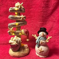 Coastal Beach Christmas Ceramic 10.5” Lighted Tree AND 6.25” Snowman Figure Set NEW!