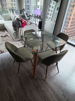 38" Square Glass-Top Dining Table + 4 Green Upholstered Mid-Century Chairs - $400 (West Loop)