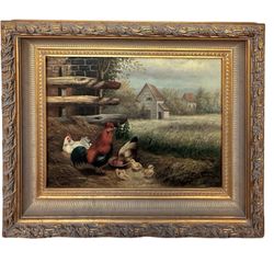 Vintage Oil Painting Realism Farm Chicken Roosters Rustic French Gold Frame