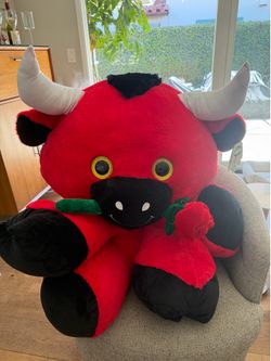 Toy factory Lil Ones Giant Red Bull plush 30" (Romeo) Jumbo Stuffed Animal with Rose in Mouth