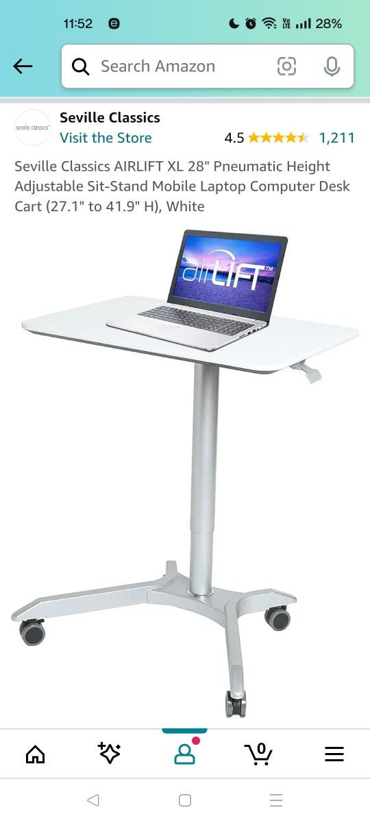 Seville Classics AIRLIFT XL 28" Pneumatic Height Adjustable Sit-Stand Mobile Laptop Computer Desk Cart (27.1" to 41.9" H), White