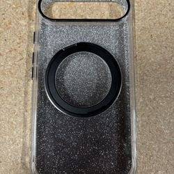 Clear glitter phone case featuring a black ring holder.  Glitter Phone Case with Ring Holder / Stand - Pixel 9 Pro 