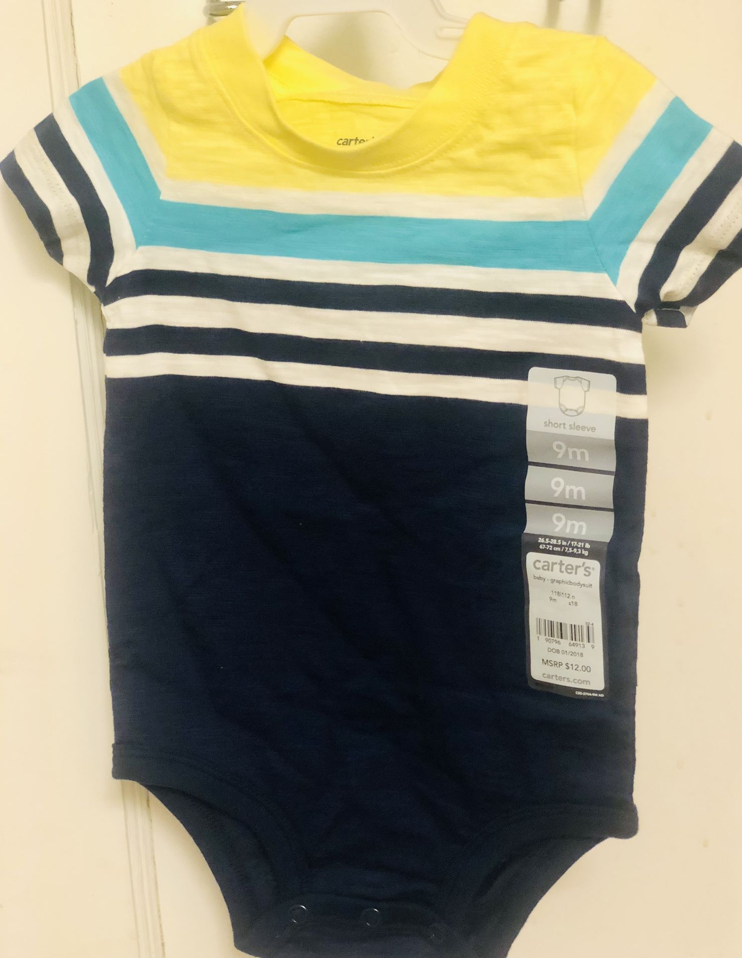 Carter's baby bodysuit yellow grey teal navy striped Boys short sleeve infant onesie NWT