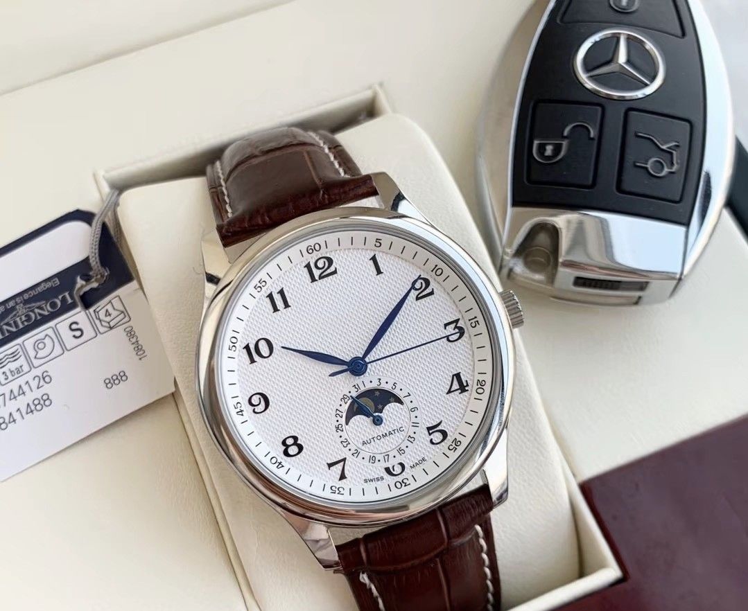 Longines Master Collection Automatic Moon Phase White Dial Brown Leather Watch - Like New w/ Original Box