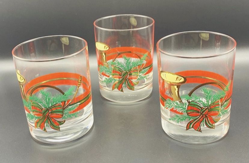 3 Vtg Signed Georges Briard Christmas “The Hunt” Double Old Fashioned Glasses