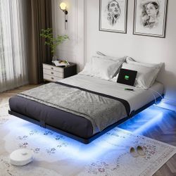 Queen Size Floating Metal Bed Frame with LED Lights and Charging Station