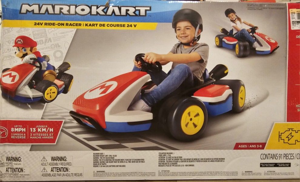 Super Mario Kart Deluxe Kids Ride On 24V Battery Powered Electric Car Toy, Up to 8MPH, 3 Speeds & Reverse, Weight Limit 81 lbs.


