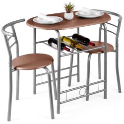 3-Piece Wood Dining Room Round Table & Chairs Set w/ Steel Frame, Built-In Wine Rack - Espresso