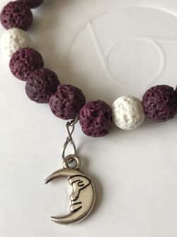 Cream and burgundy lava bead bracelet with half moon charm