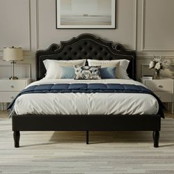 Queen Size Velvet Bed Frame with Adjustable Tiara Headboard, Diamond Tufted Upholstered Platform Bed