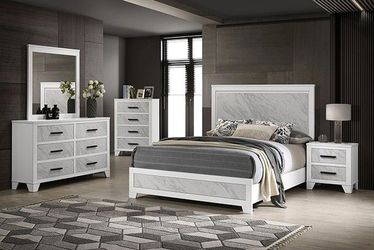 4 Piece White Queen Bedroom Set - Queen Bed. Nightstand, Dresser & Mirror