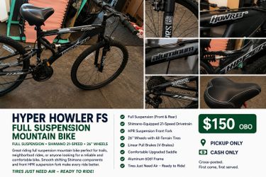 Hyper Howler FS 26" Full Suspension Mountain Bike - Shimano 21-Speed - $150 OBO