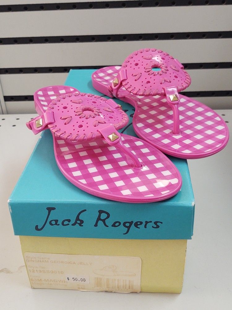 JACK ROGERS Georgica Sz 6M Pink/White Whipstitch Studded Jelly Thong Sandals