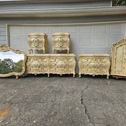Vintage Italian Rococo King Size Bedroom Set - Dresser with Mirror Armoire 2 Nightstands King Size Bed Frame