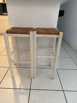 Pair of White Wood Counter Stools with Woven Rush Seats