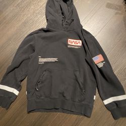 NASA Loose Men's Slogan Graphic Kangaroo Pocket Drawstring Hoodie Letter Long Sleeve Black Hoodie