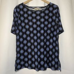 Loft Blouse Womens L Black Blue Medallion Career Casual Short Sleeve Slits EUC