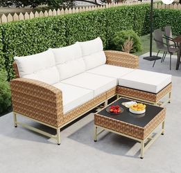 Patio Furniture Sets 4 Pieces Outdoor Sectional Sofa White All-Weather Rattan Wicker Sofa Small Patio Conversation Couch with Washable Cushion and Gla