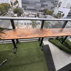 Custom Made Wood Outdoor Table w/ Cast Iron Base 