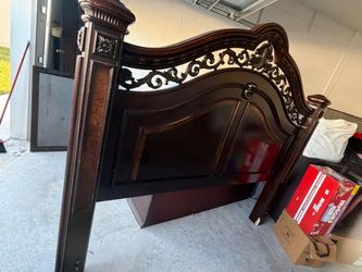 King bedroom set with dresser, mirror and chest Dark Cherry Wood Ornate Bed Headboard