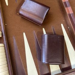 vintage brown backgammon set in a faux leather case