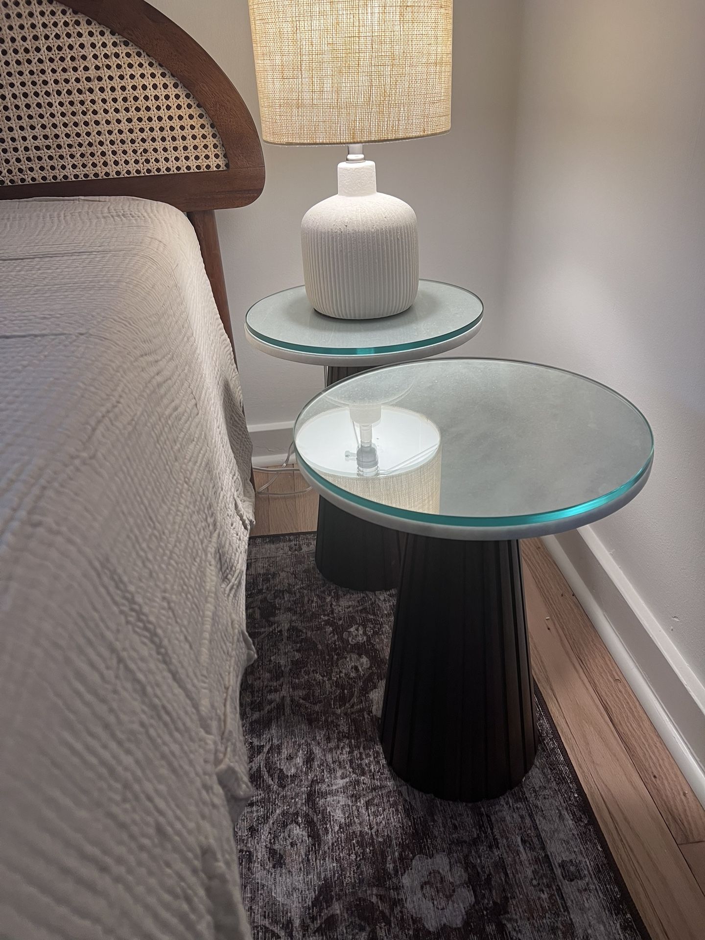 pair of walnut and marble end tables or nightstands w/glass tops