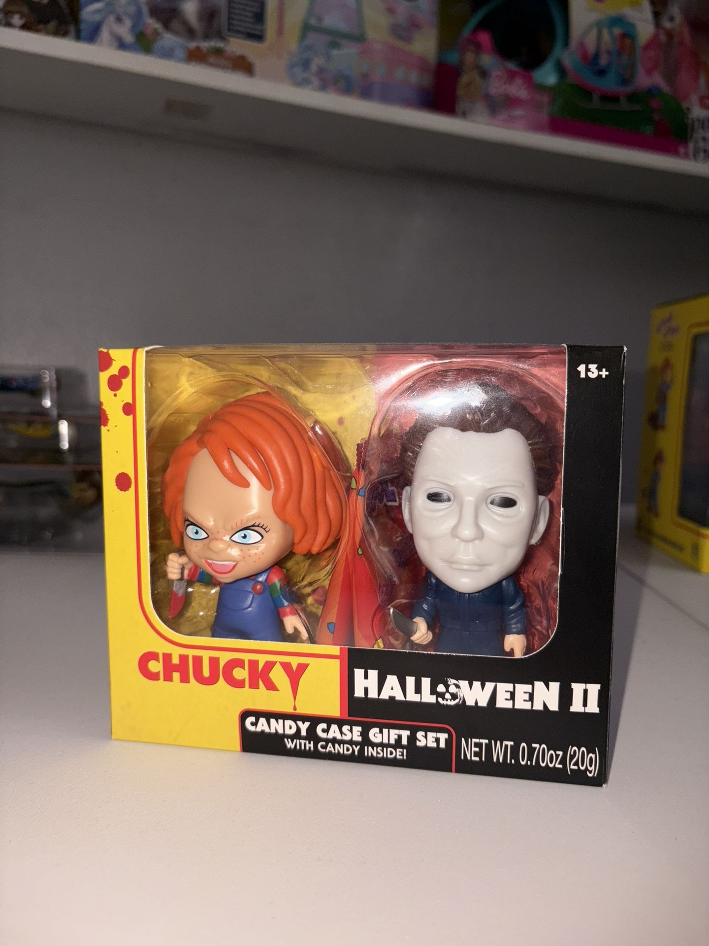 Chucky and Halloween II candy case gift set featuring collectible figures of Chucky and Michael Myers