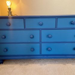 Solid Wood 7 Drawer Dresser - Matte Blue Refinished