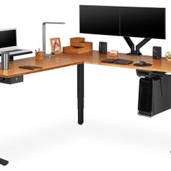 Premium UPLIFT L-Shaped Solid Wood Sit/Stand Desk + Dual Monitors + Knoll Mount