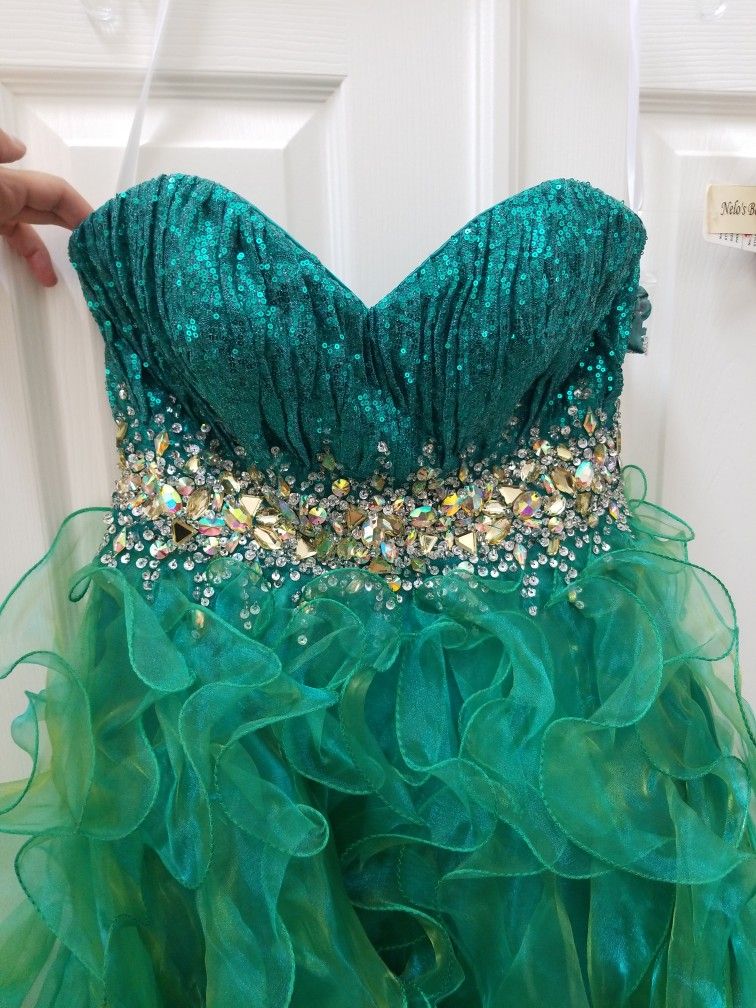 Dark Green Short Sequined Dress Strapless Size 10
