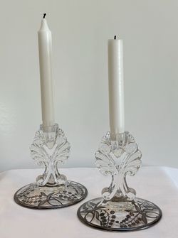 Art Deco Sterling Etched Glass Crystal Candle Holders - New Martinsville Janice Pattern 1926 Pair