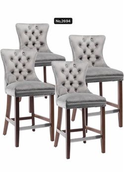 Counter Height Bar Stools Set of 4, 27" Wingback Velvet Bar Stools with Button Back and Nailhead Trim, Upholstered Bar Chairs with Wooden Legs ,Bright