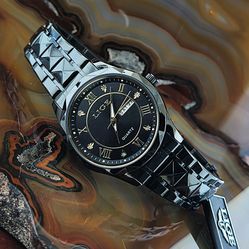 New Mens Gold & Black IP Diamond Accent Watch Day & Date