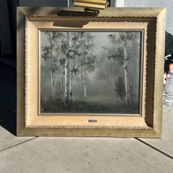 Framed Oil Painting Of Birch Tree Forest By Shimizu