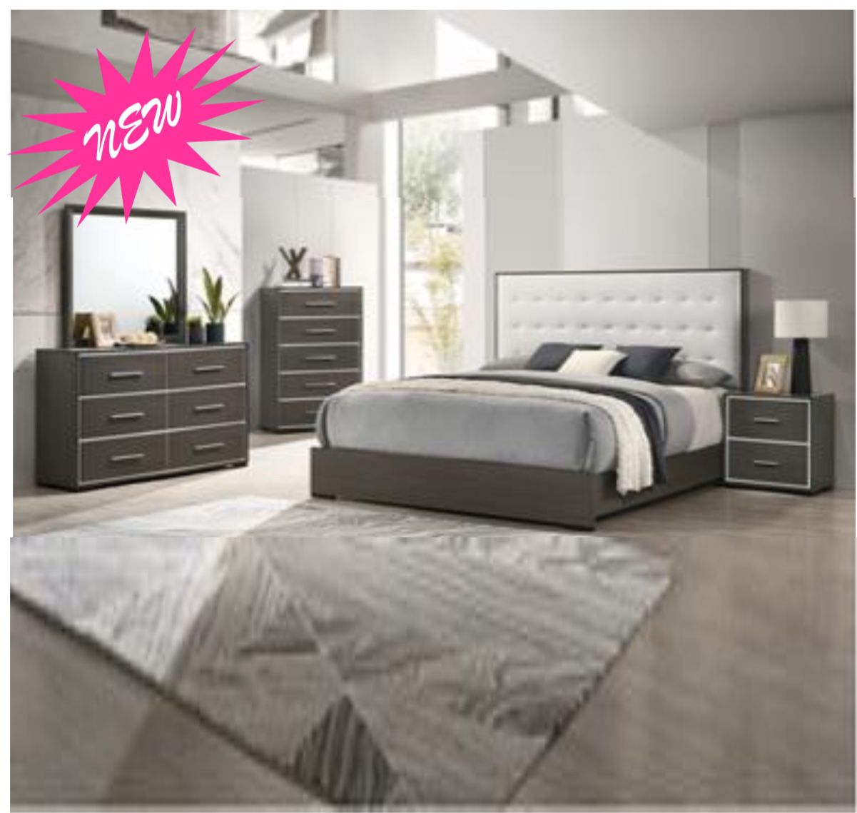 4-Pc Bedroom Set Queen Bed ,Dresser,Mirror, Nightstand #1 (Not Including mattress and box)