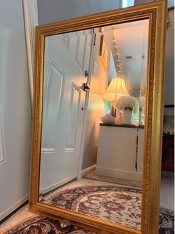 Vintage Ornate Solid Wood Gold Frame Wall Mirror Beveled Glass 22" x 35"