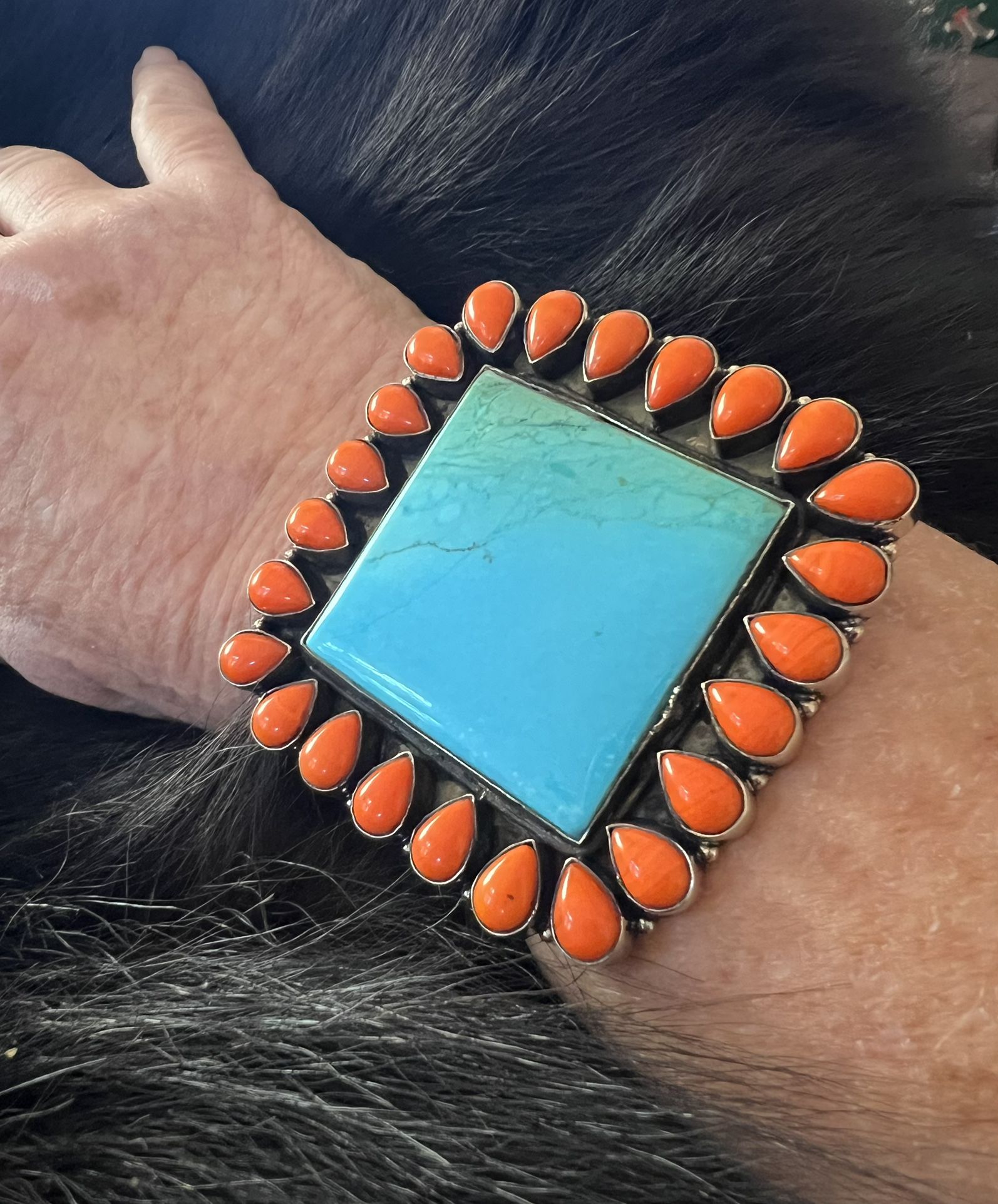 Huge Turquoise & Coral Silver Cuff