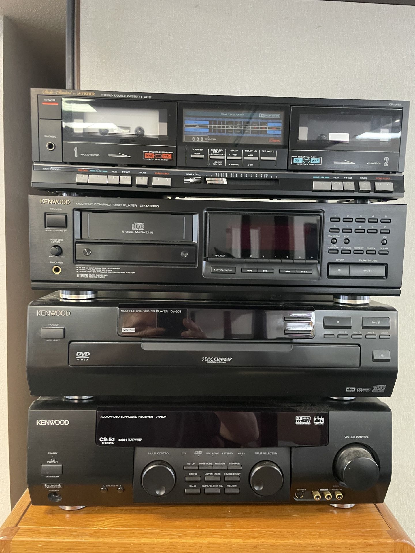 Kenwood Audio Video Receiver Be-507, 5 Disc Changer, Compact Disc Changer, Fischer Double Cassette Deck- With Remotes - See Photos 