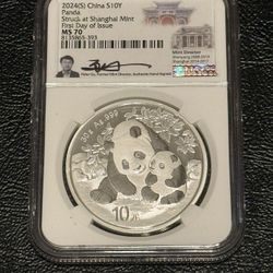 2024(S) China S10Y Silver 1 Oz Panda First Day Od Issue. NGC MS 70 -signed label by Peter Gu. 