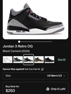 Jordan 3 Retro OG Black Cement 
Used
Kids Size  5.5Y
Men's  size  5.5y
Women's size 7