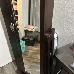 Standing Mirror Jewelry Case Wooden Armoire Swivels Holds Tons On Jewelry 