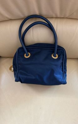 CELINE Paris Circle Logo Handbag Navy Blue Nylon lether trim handles mini