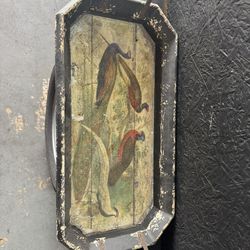 vintage or antique hand-painted wood serving tray with a peacock design
