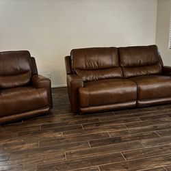 Oversized Genuine Dual Power Leather Couch & Recliner